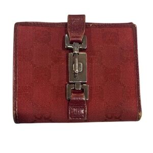 Gucci Black Monogram Red Leather Bifold Wallet Jackie O Style GG Logo ( GOOD CON